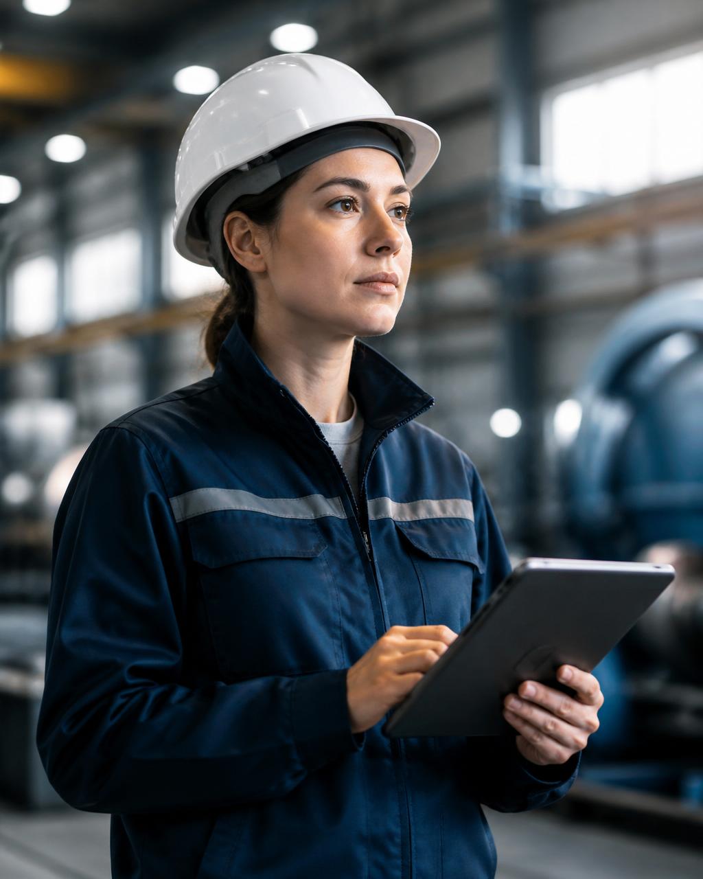 Engenheira de Segurança do Trabalho utilizando a plataforma NormaSST em um tablet